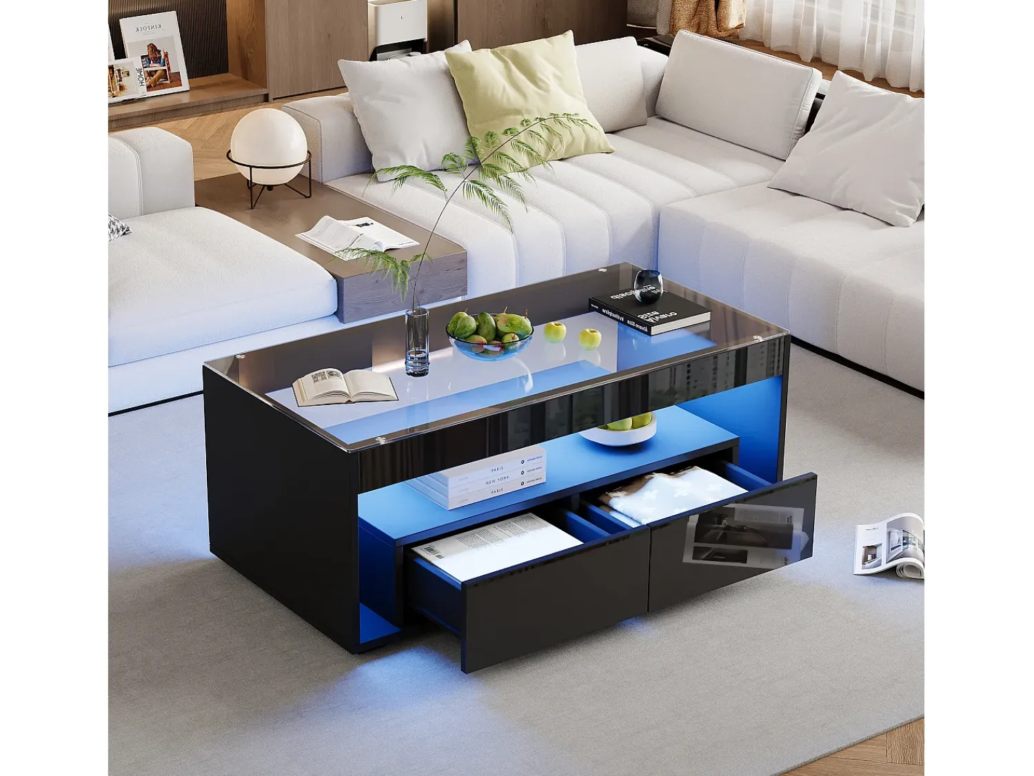 Mesa de centro preta - Mesa de sala com 2 gavetas e iluminação LED de 16 cores - Tampo em vidro temperado^ Mesa De Centro