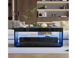 Mesa de centro preta - Mesa de sala com 2 gavetas e iluminação LED de 16 cores - Tampo em vidro temperado^ Mesa De Centro