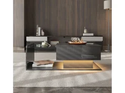 Sale Mesa de centro preta brilhante - Mesa de centro com iluminação LED e tampo em vidro - Tampo ajustável Preto