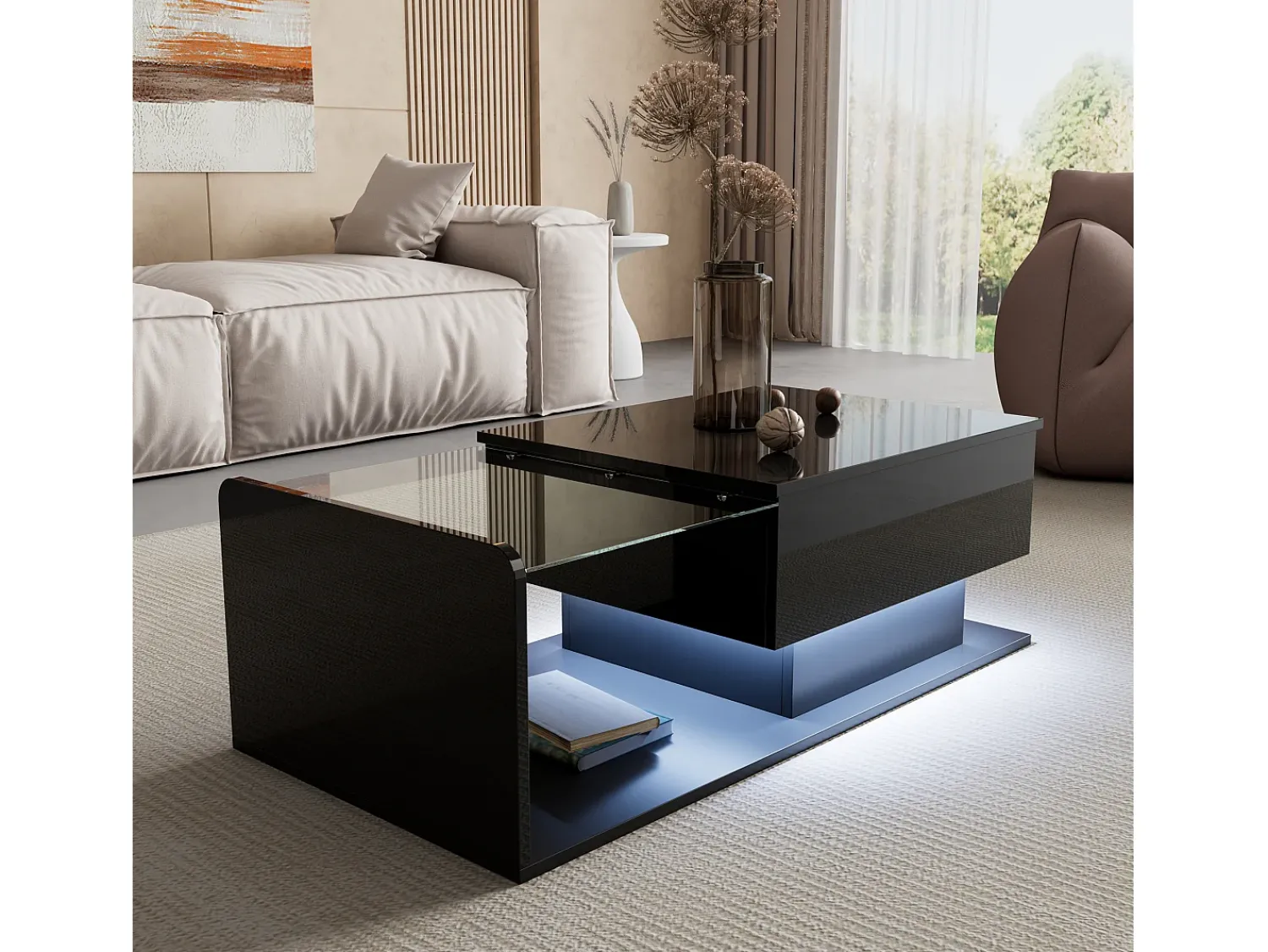 Sale Mesa de centro preta brilhante - Mesa de centro com iluminação LED e tampo em vidro - Tampo ajustável Preto