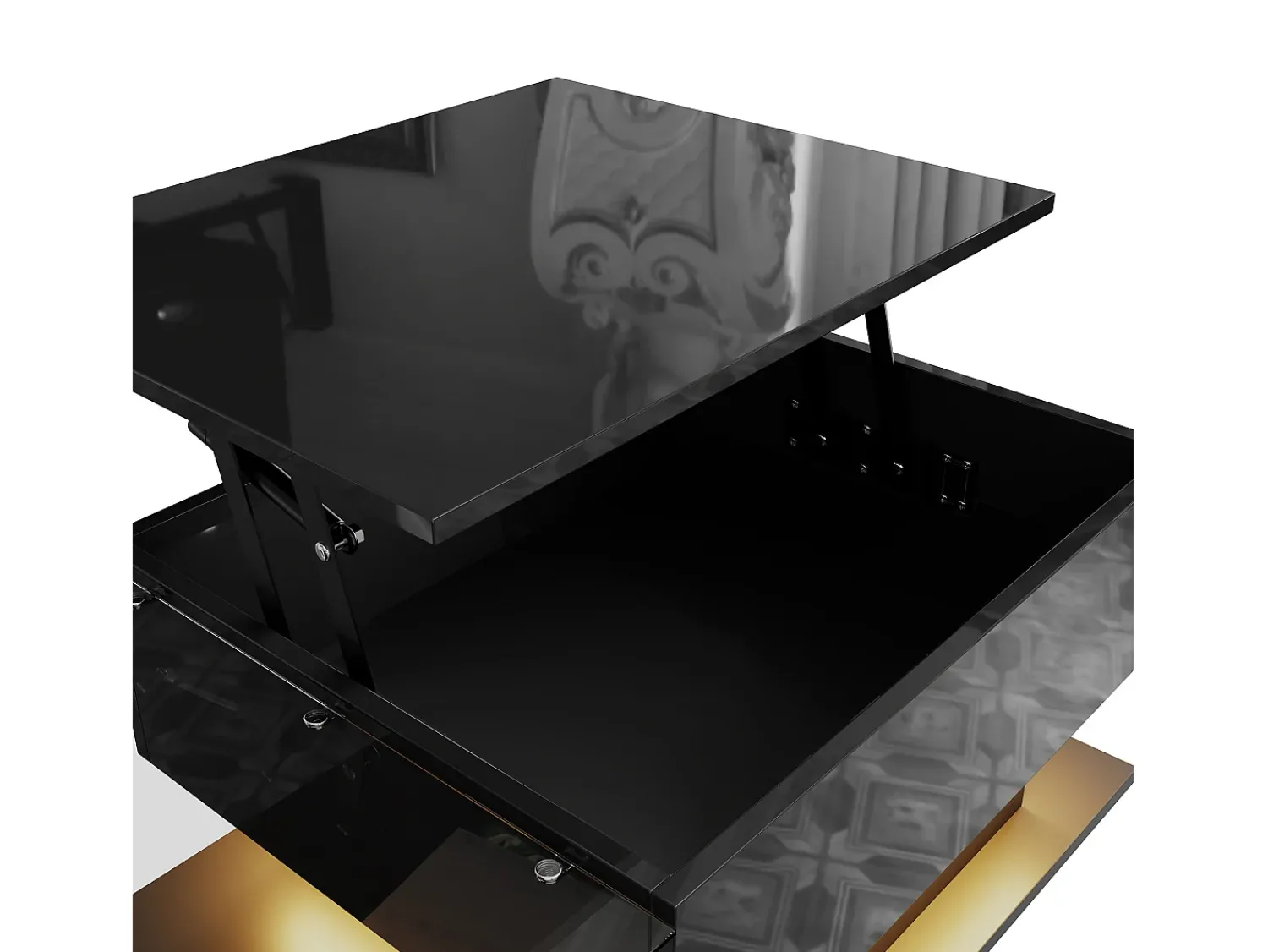 Sale Mesa de centro preta brilhante - Mesa de centro com iluminação LED e tampo em vidro - Tampo ajustável Preto