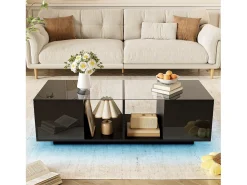 Mesa De Centro*Hauss Spole Mesa de centro preta com iluminação LED e espaço de arrumação - Tampo brilhante e painel central em vidro Preto