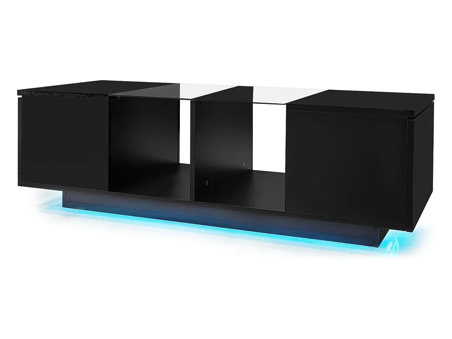 Mesa De Centro*Hauss Spole Mesa de centro preta com iluminação LED e espaço de arrumação - Tampo brilhante e painel central em vidro Preto