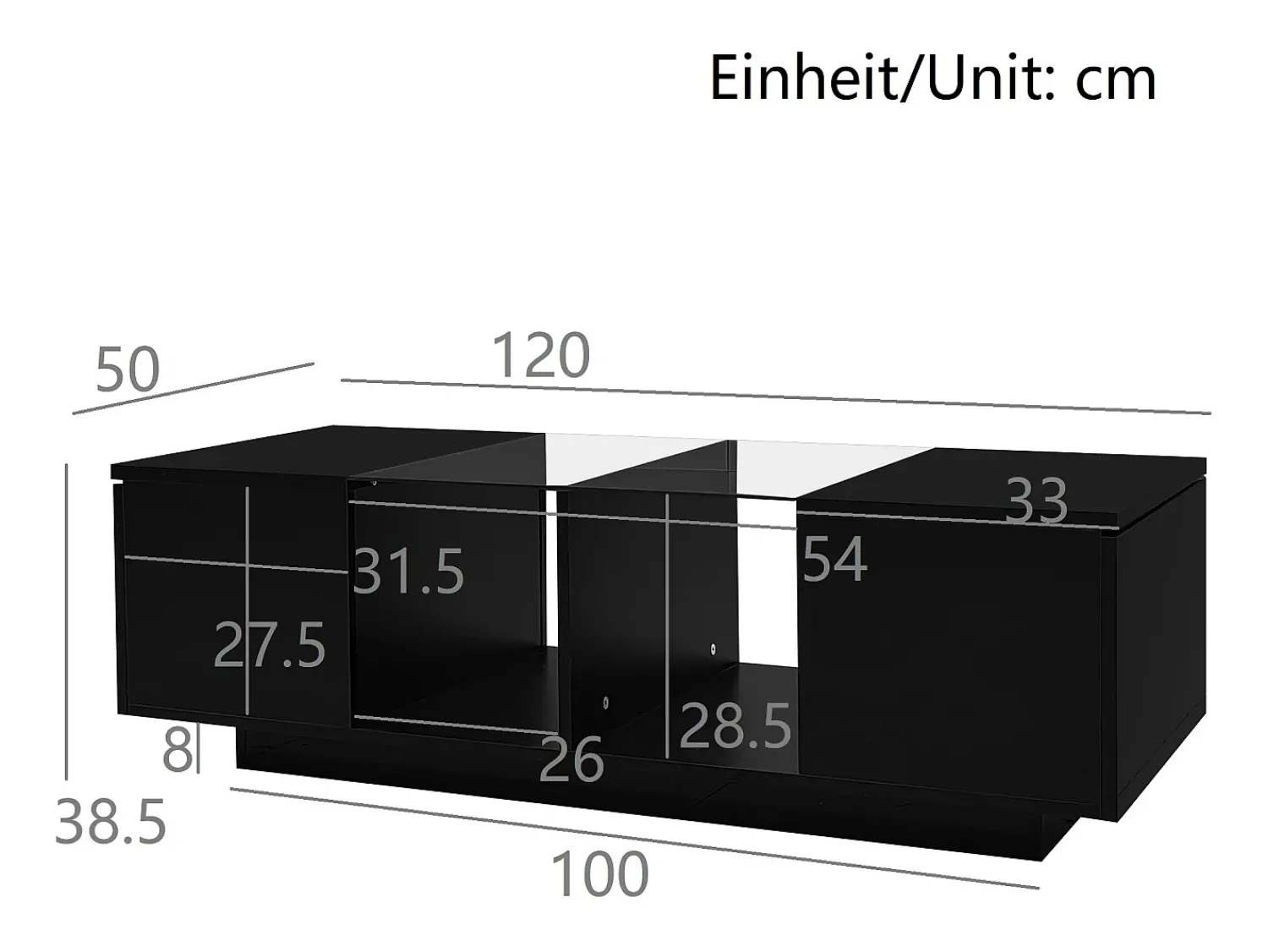 Mesa De Centro*Hauss Spole Mesa de centro preta com iluminação LED e espaço de arrumação - Tampo brilhante e painel central em vidro Preto
