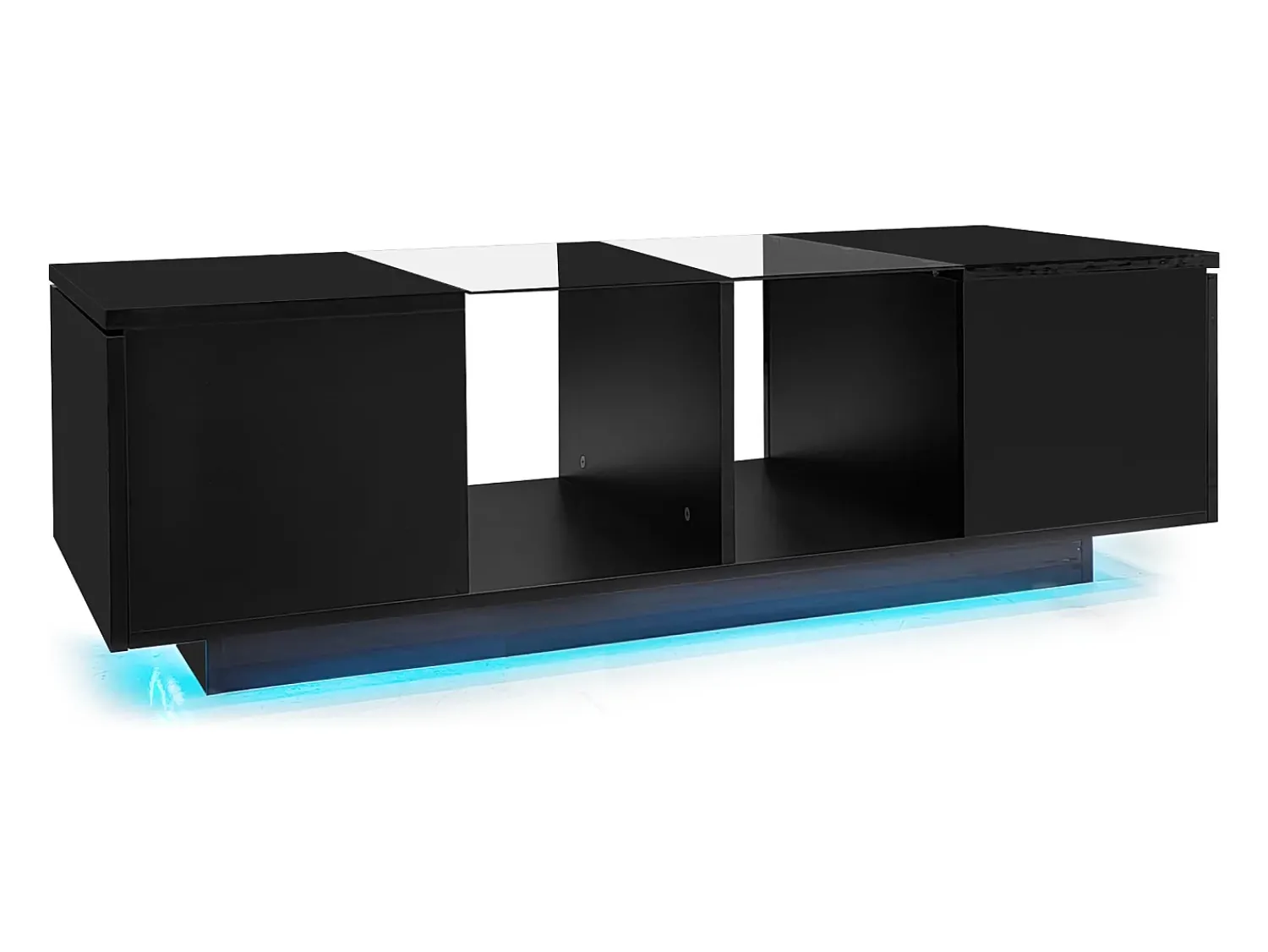 Mesa De Centro*Hauss Spole Mesa de centro preta com iluminação LED e espaço de arrumação - Tampo brilhante e painel central em vidro Preto