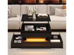 Mesa De Centro* Mesa de Centro Preta com Tampo Elevável - Mesa de Centro com Iluminação LED e 2 Gavetas - Arrumação Oculta Preto