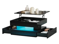 Mesa De Centro* Mesa de Centro Preta com Tampo Elevável - Mesa de Centro com Iluminação LED e 2 Gavetas - Arrumação Oculta Preto