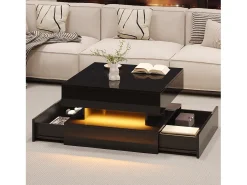 Mesa De Centro* Mesa de Centro Preta com Tampo Elevável - Mesa de Centro com Iluminação LED e 2 Gavetas - Arrumação Oculta Preto