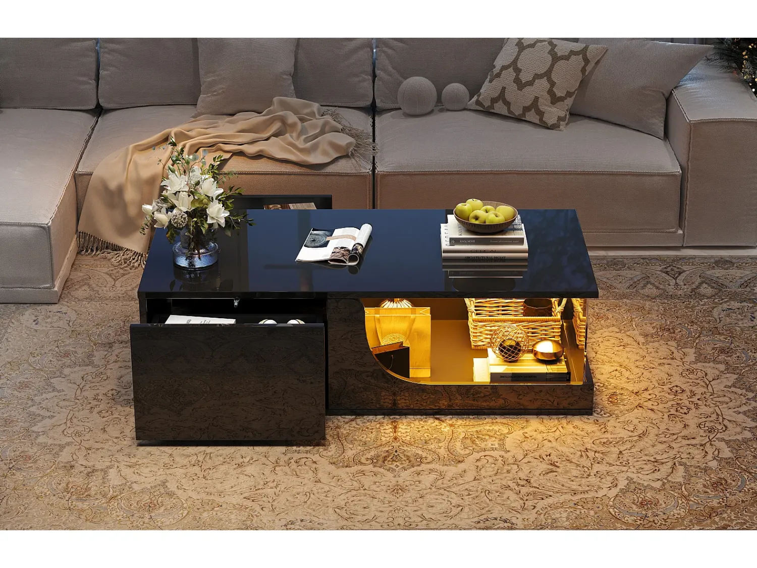 Mesa De Centro*Hauss Spole Mesa de centro preta com 2 gavetas, iluminação LED, vidro temperado 100x50x30cm Preto