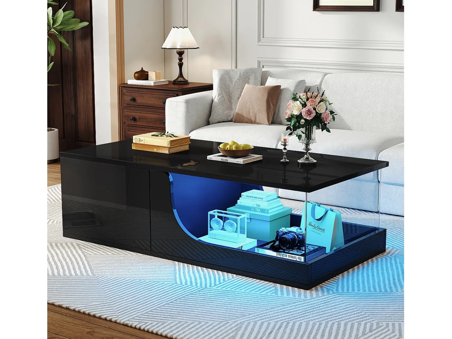 Mesa De Centro*Hauss Spole Mesa de centro preta com 2 gavetas, iluminação LED, vidro temperado 100x50x30cm Preto