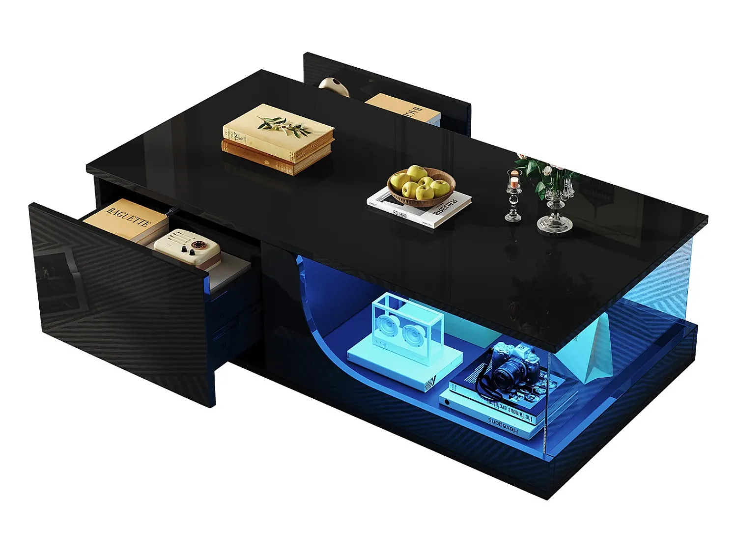 Mesa De Centro*Hauss Spole Mesa de centro preta com 2 gavetas, iluminação LED, vidro temperado 100x50x30cm Preto