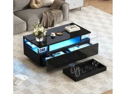 Hauss Spole Mesa de centro preta com 2 gavetas, iluminação LED e tampo amovível 90x45x35,5cm^ Mesa De Centro
