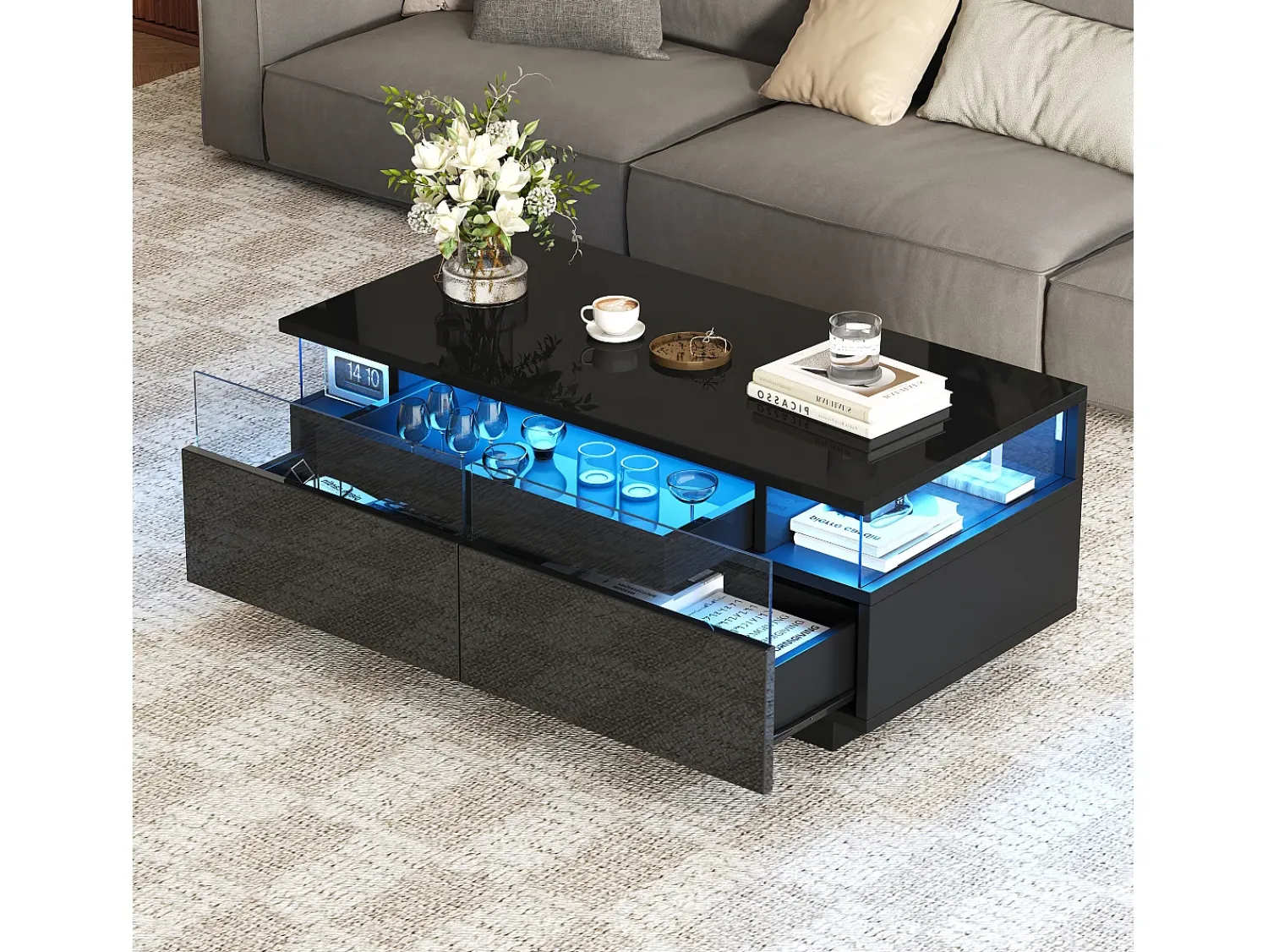 Hauss Spole Mesa de centro preta com 2 gavetas, iluminação LED e tampo amovível 90x45x35,5cm^ Mesa De Centro