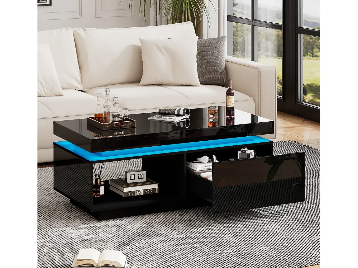 Hauss Spole Mesa de centro preta com iluminação LED e gaveta, aglomerado, 100x50x40,3 cm^ Mesa De Centro