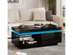 Hauss Spole Mesa de centro preta com iluminação LED e gaveta, aglomerado, 100x50x40,3 cm^ Mesa De Centro