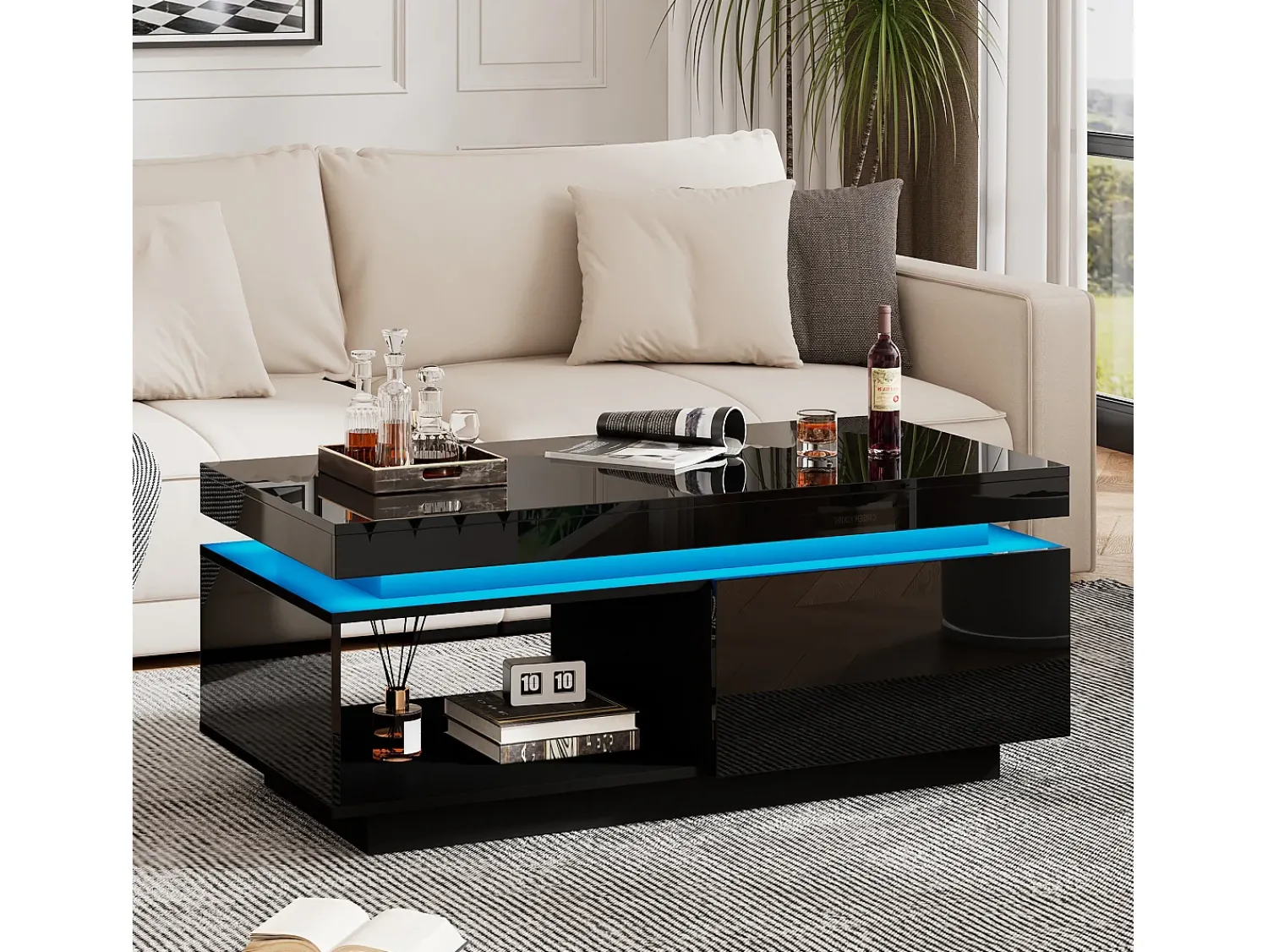 Hauss Spole Mesa de centro preta com iluminação LED e gaveta, aglomerado, 100x50x40,3 cm^ Mesa De Centro