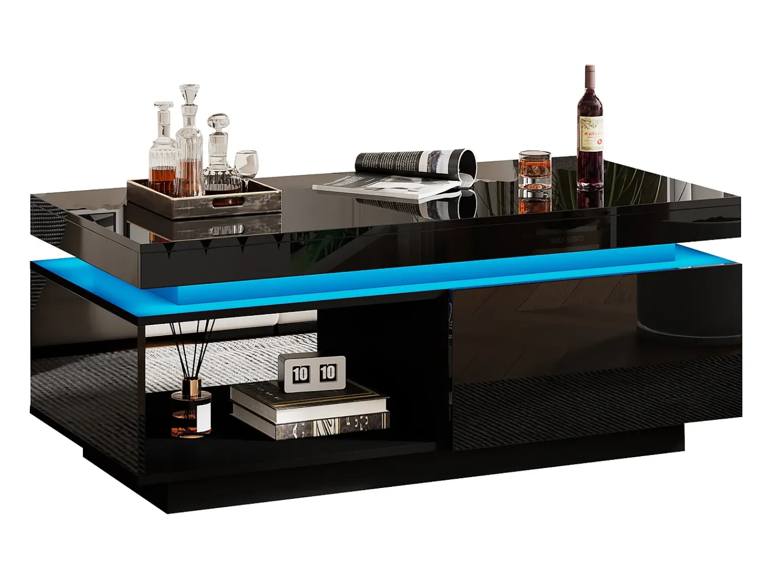Hauss Spole Mesa de centro preta com iluminação LED e gaveta, aglomerado, 100x50x40,3 cm^ Mesa De Centro