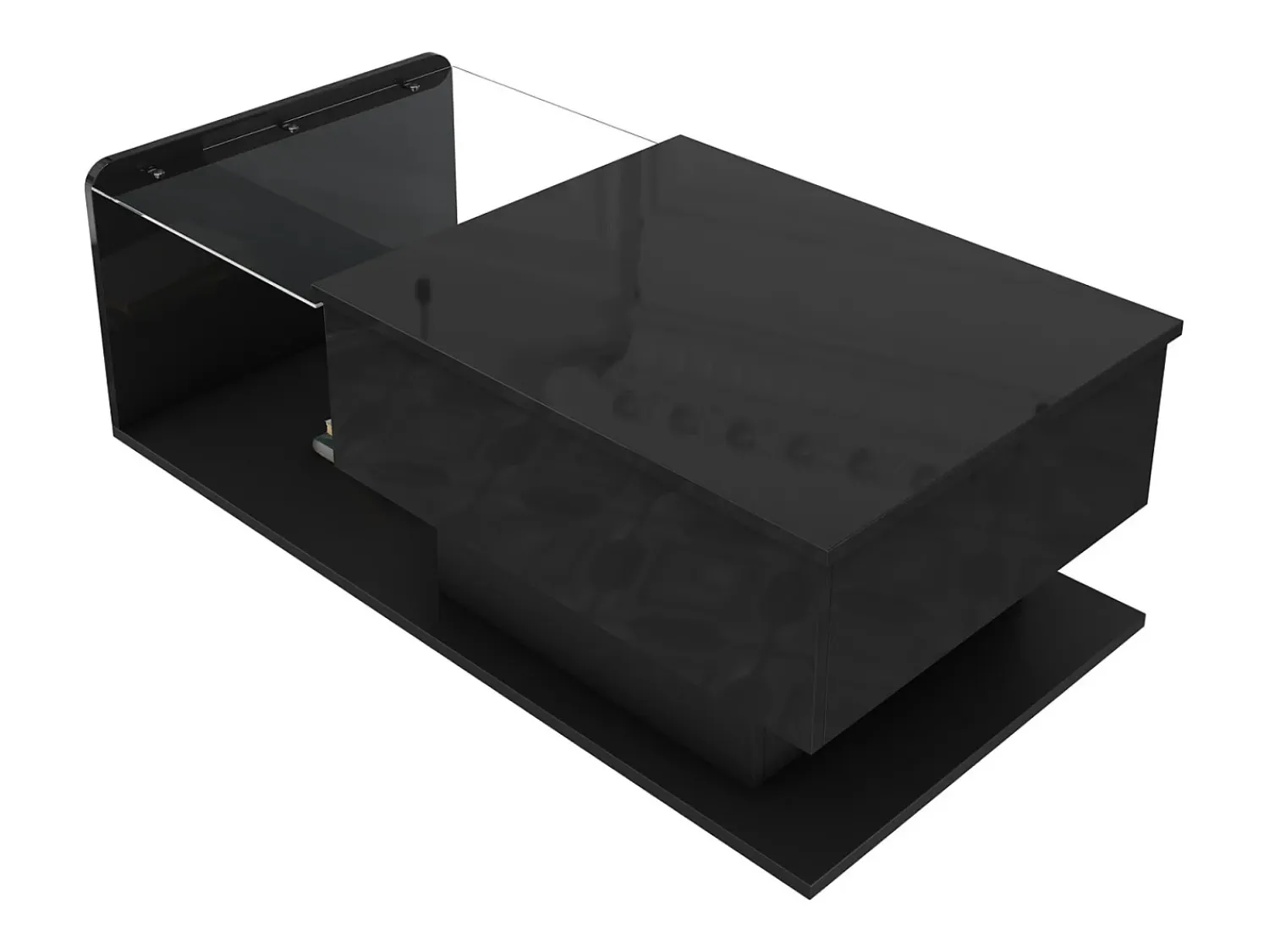 Mesa de centro preta com tampo de vidro e acabamento brilhante, mesa lateral com LED e gaveta preta.^ Mesa De Centro