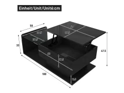 Mesa de centro preta com tampo de vidro e acabamento brilhante, mesa lateral com LED e gaveta preta.^ Mesa De Centro