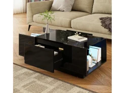 Mesa De Centro|Hauss Spole Mesa de centro preta com 2 gavetas, iluminação LED e tampo em vidro 105x50x35cm Preto