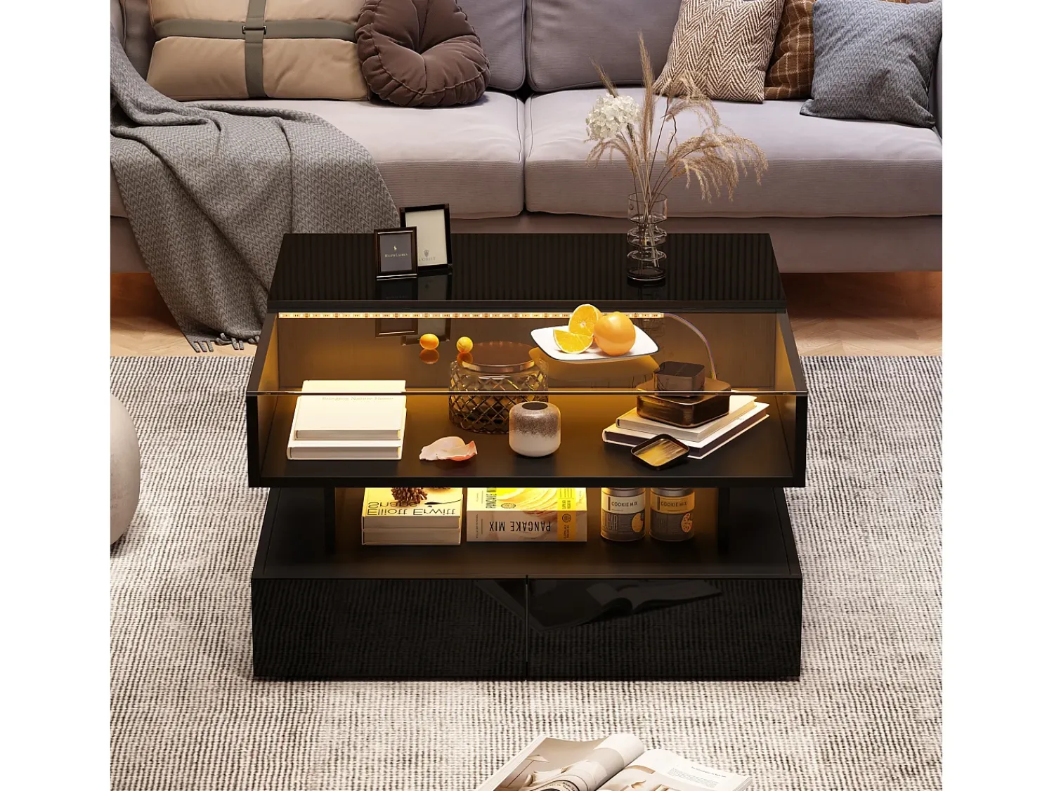Clearance Mesa de centro preta com iluminação LED - Mesa de centro com 2 gavetas e tampo elevável - arrumação aberta Preto
