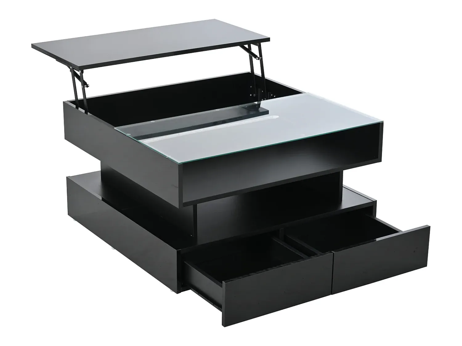 Clearance Mesa de centro preta com iluminação LED - Mesa de centro com 2 gavetas e tampo elevável - arrumação aberta Preto