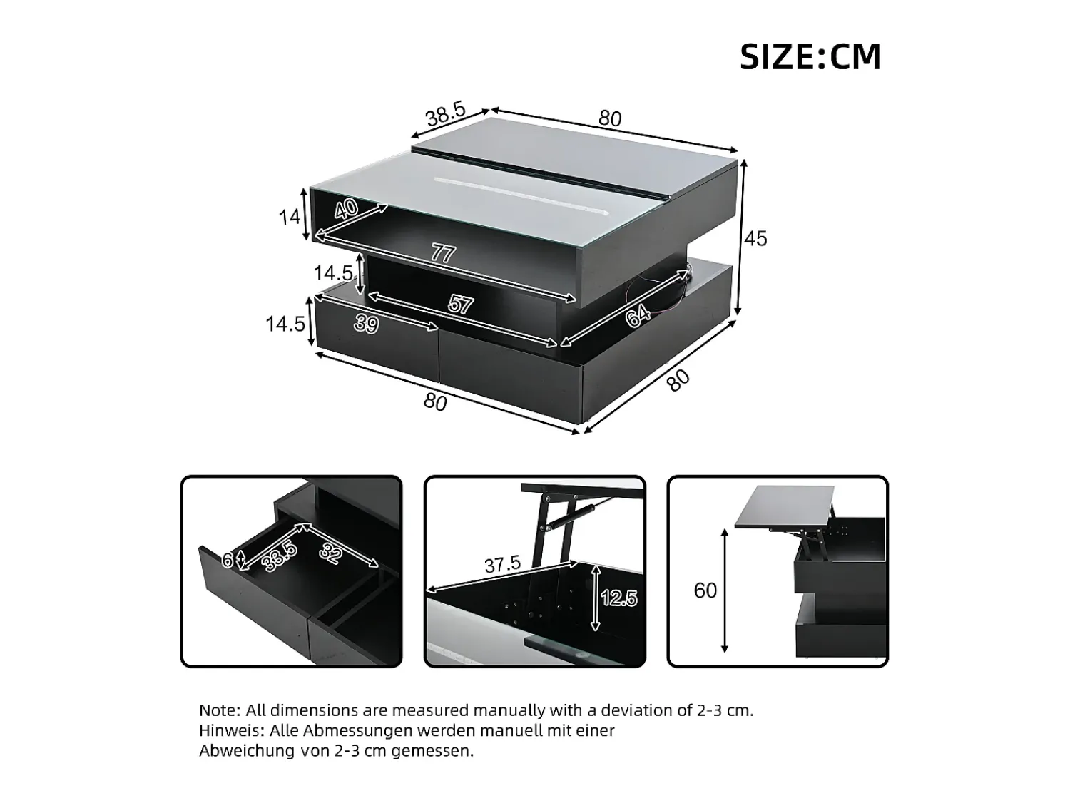 Clearance Mesa de centro preta com iluminação LED - Mesa de centro com 2 gavetas e tampo elevável - arrumação aberta Preto