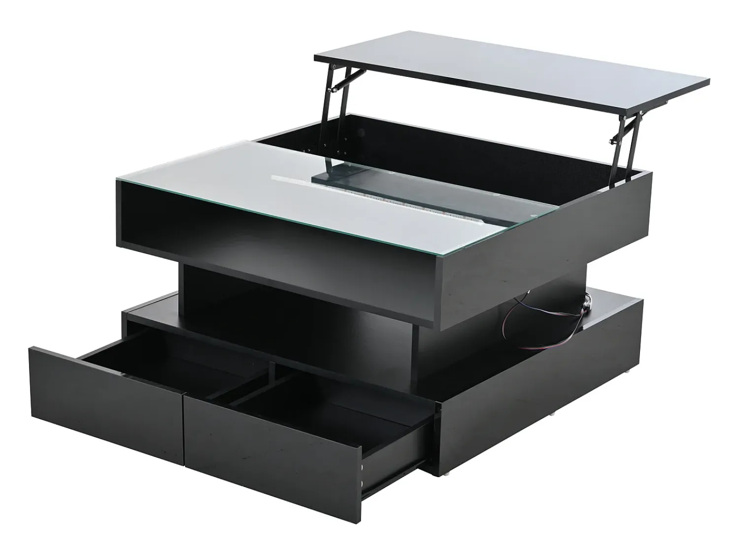 Clearance Mesa de centro preta com iluminação LED - Mesa de centro com 2 gavetas e tampo elevável - arrumação aberta Preto