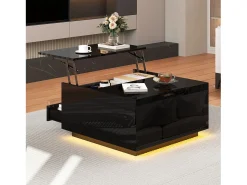 Mesa de Centro Preta com Tampo Elevável - Mesa de Centro com Iluminação LED e 1 Gaveta - Porta Rebatível e Arrumação Oculta^ Mesa De Centro