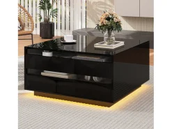 Mesa de Centro Preta com Tampo Elevável - Mesa de Centro com Iluminação LED e 1 Gaveta - Porta Rebatível e Arrumação Oculta^ Mesa De Centro