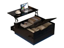 Mesa de Centro Preta com Tampo Elevável - Mesa de Centro com Iluminação LED e 1 Gaveta - Porta Rebatível e Arrumação Oculta^ Mesa De Centro