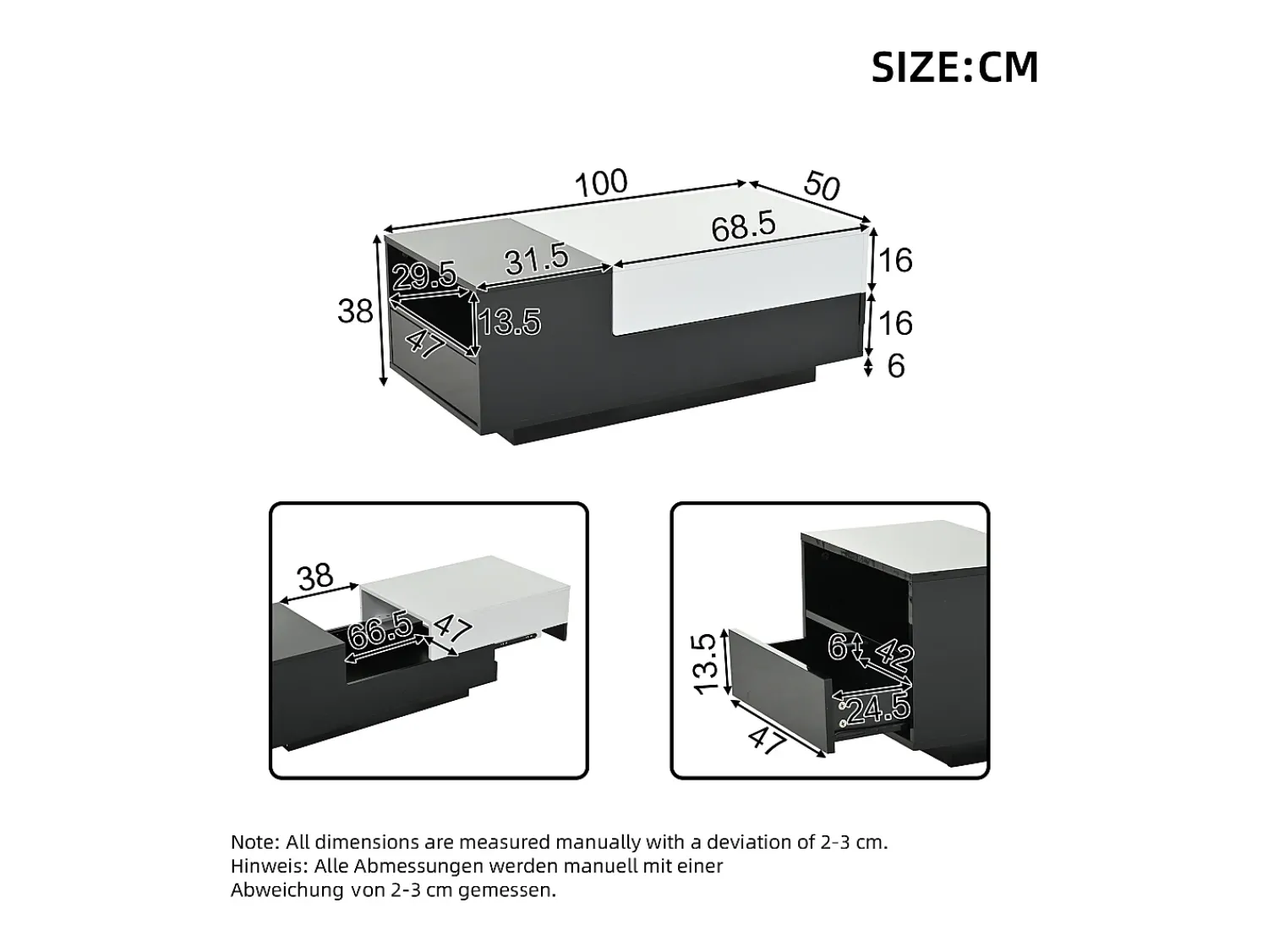 Mesa De Centro| Mesa de centro preta e branca - Mesa de centro com tampo deslizante e 1 gaveta - compartimento de arrumação oculto Preto