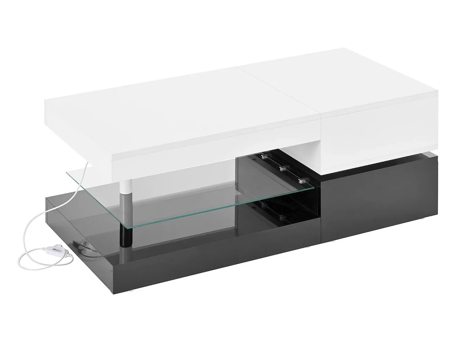 Mesa De Centro* Mesa de centro preta e branca - Mesa de centro moderna com iluminação LED e prateleiras em vidro - Acabamento brilhante Branco