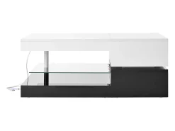 Mesa De Centro* Mesa de centro preta e branca - Mesa de centro moderna com iluminação LED e prateleiras em vidro - Acabamento brilhante Branco