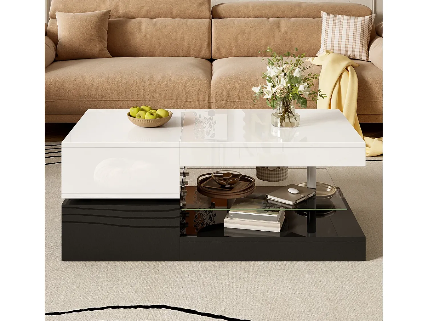 Mesa De Centro* Mesa de centro preta e branca - Mesa de centro moderna com iluminação LED e prateleiras em vidro - Acabamento brilhante Branco