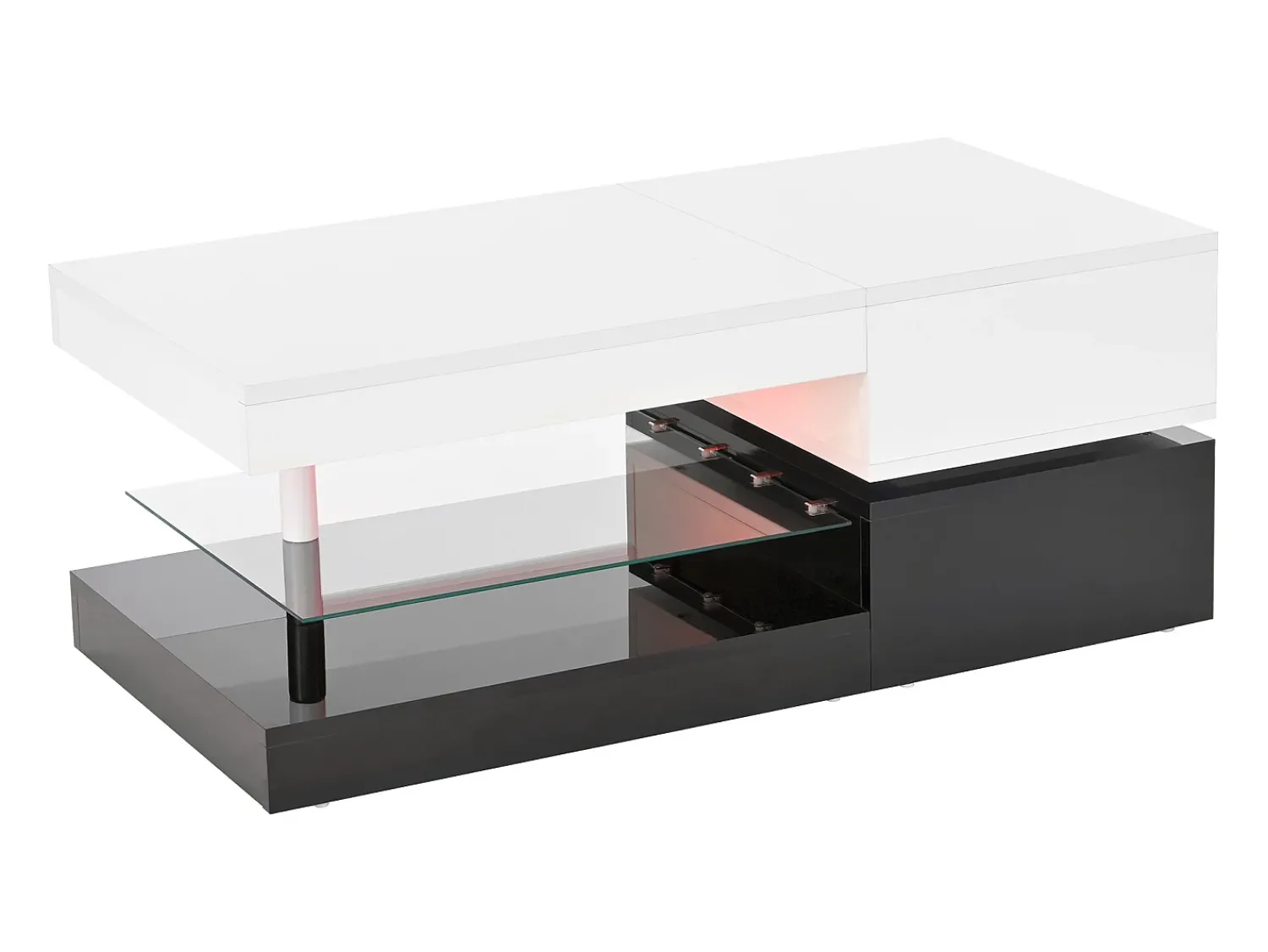 Mesa De Centro* Mesa de centro preta e branca - Mesa de centro moderna com iluminação LED e prateleiras em vidro - Acabamento brilhante Branco