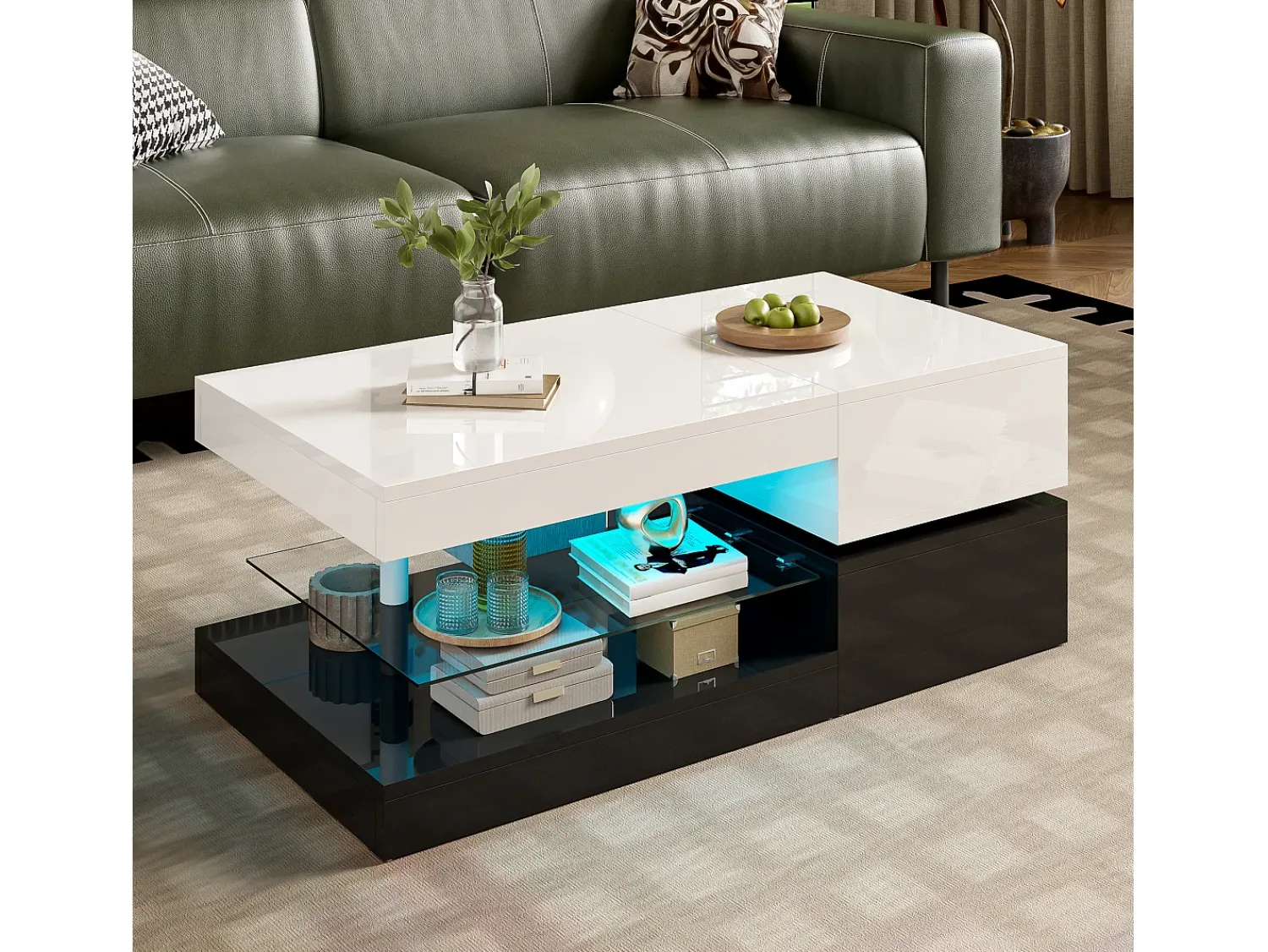 Mesa De Centro* Mesa de centro preta e branca - Mesa de centro moderna com iluminação LED e prateleiras em vidro - Acabamento brilhante Branco
