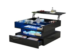 Hauss Spole Mesa de centro preta elevável com 2 gavetas, iluminação e arrumação LED, tampo em vidro semi-temperado^ Mesa De Centro