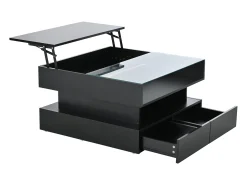 Hauss Spole Mesa de centro preta elevável com 2 gavetas, iluminação e arrumação LED, tampo em vidro semi-temperado^ Mesa De Centro
