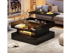 Hauss Spole Mesa de centro preta elevável com 2 gavetas, iluminação e arrumação LED, tampo em vidro semi-temperado^ Mesa De Centro