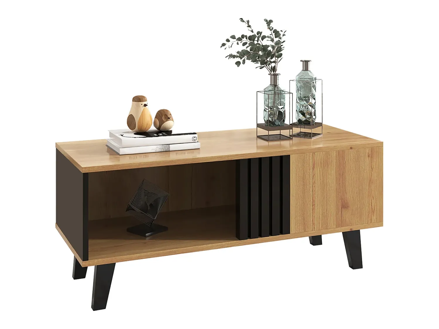New Hauss Spole Mesa de centro preta natural e clara com funções de arrumação versáteis, 100x60x45cm Natural claro
