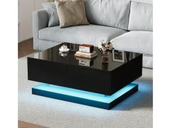 Mesa de centro preta retangular - Mesa de centro com iluminação LED e 2 gavetas - Acabamento alto brilho^ Mesa De Centro