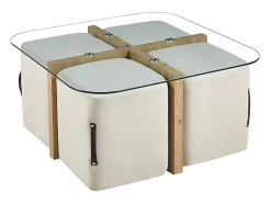 Mesa De Centro|Meublorama Mesa de centro QUADORA – Quadrada 90x90 cm – Vidro & carvalho envelhecido – Com 4 pufes brancos – Design prático e elegante Castanho