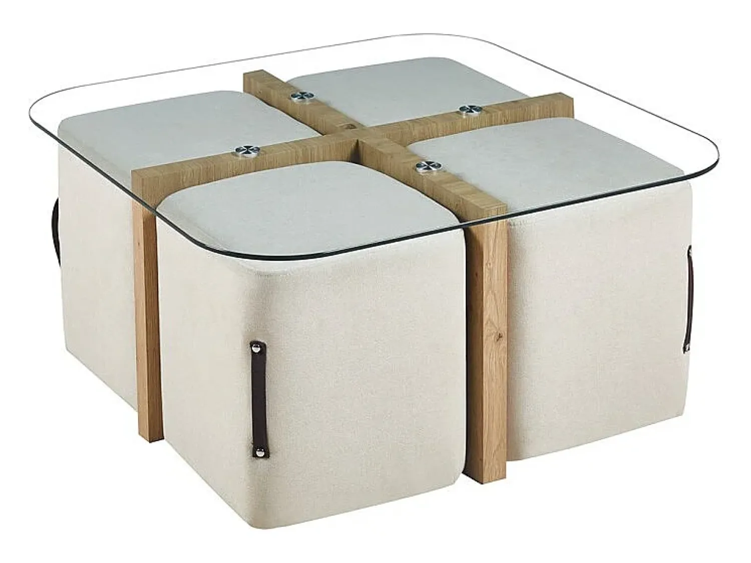 Mesa De Centro|Meublorama Mesa de centro QUADORA – Quadrada 90x90 cm – Vidro & carvalho envelhecido – Com 4 pufes brancos – Design prático e elegante Castanho