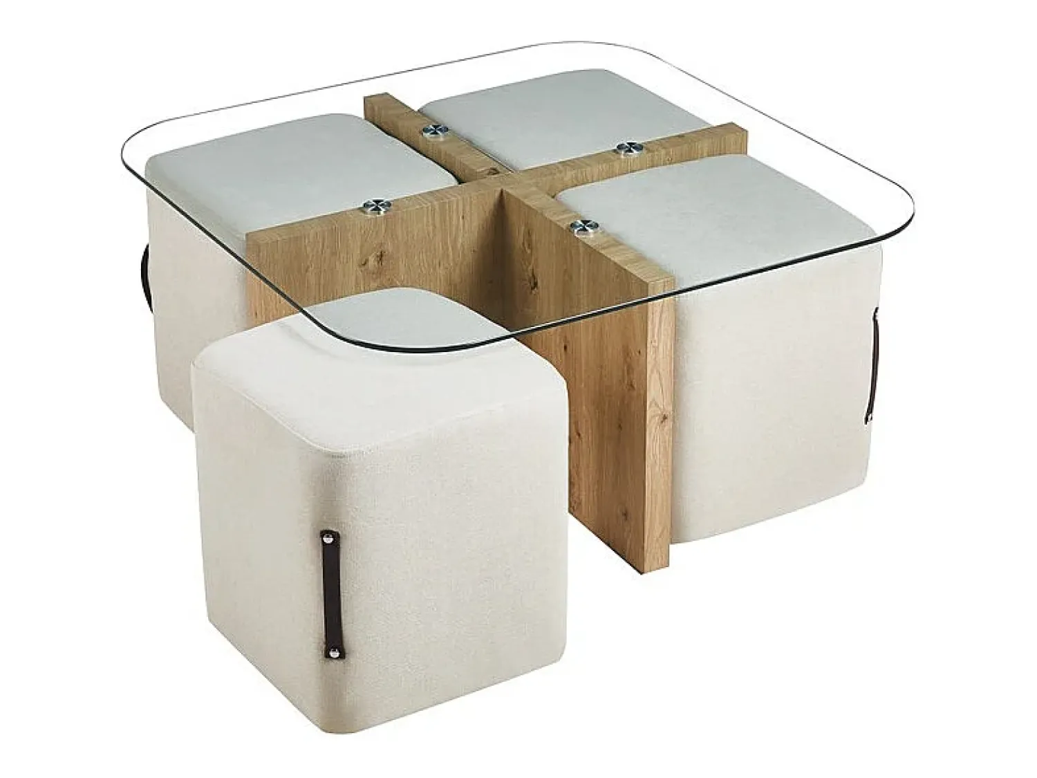 Mesa De Centro|Meublorama Mesa de centro QUADORA – Quadrada 90x90 cm – Vidro & carvalho envelhecido – Com 4 pufes brancos – Design prático e elegante Castanho