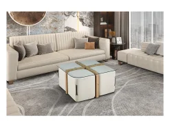 Mesa De Centro|Meublorama Mesa de centro QUADORA – Quadrada 90x90 cm – Vidro & carvalho envelhecido – Com 4 pufes brancos – Design prático e elegante Castanho