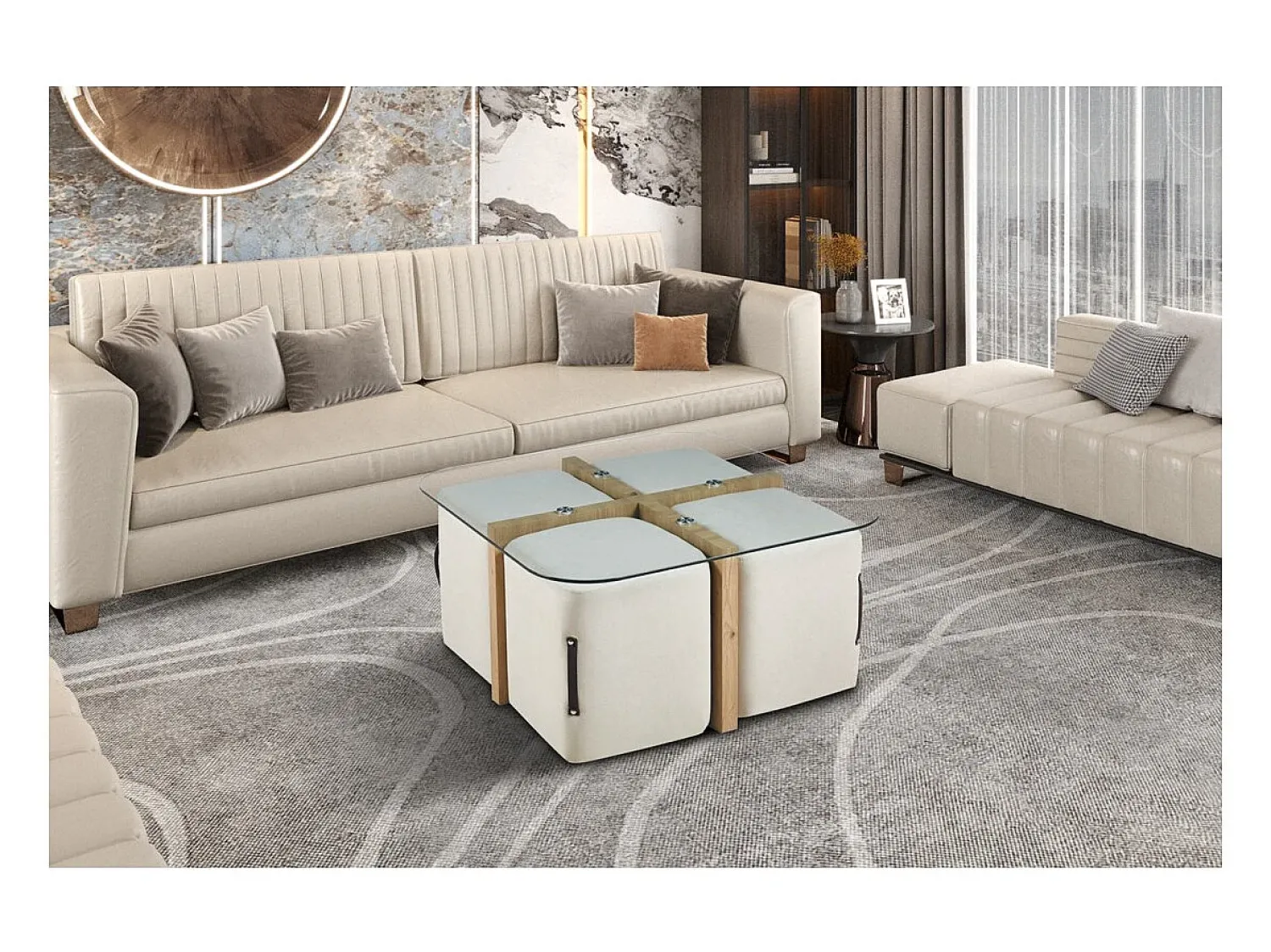 Mesa De Centro|Meublorama Mesa de centro QUADORA – Quadrada 90x90 cm – Vidro & carvalho envelhecido – Com 4 pufes brancos – Design prático e elegante Castanho