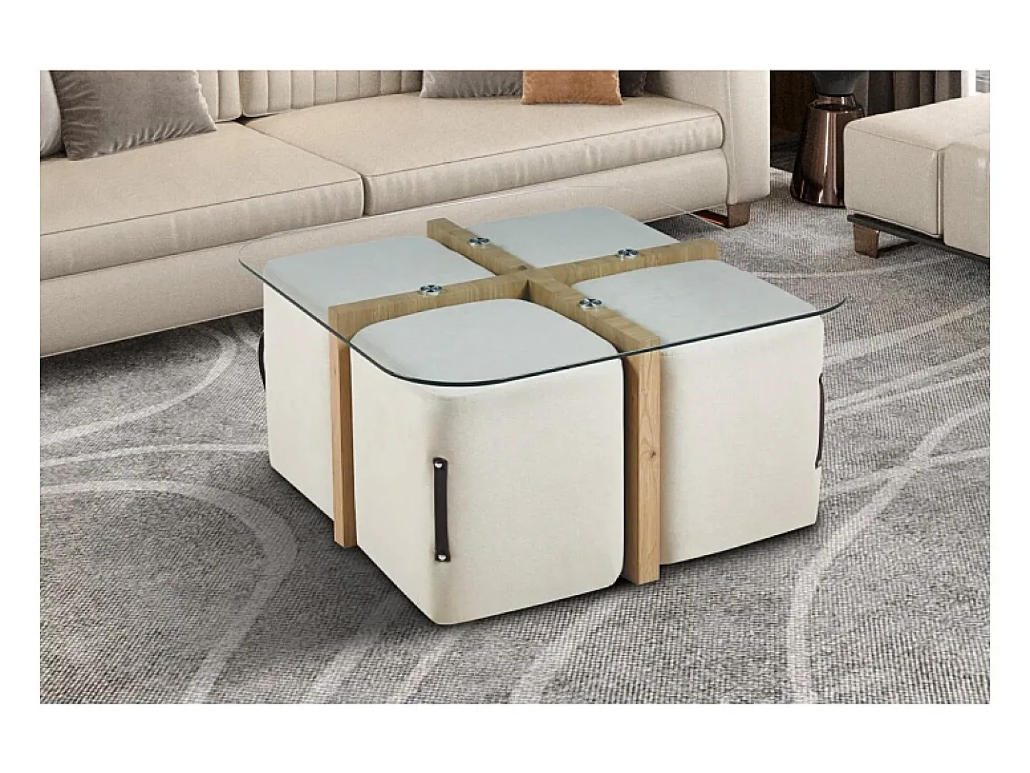 Mesa De Centro|Meublorama Mesa de centro QUADORA – Quadrada 90x90 cm – Vidro & carvalho envelhecido – Com 4 pufes brancos – Design prático e elegante Castanho