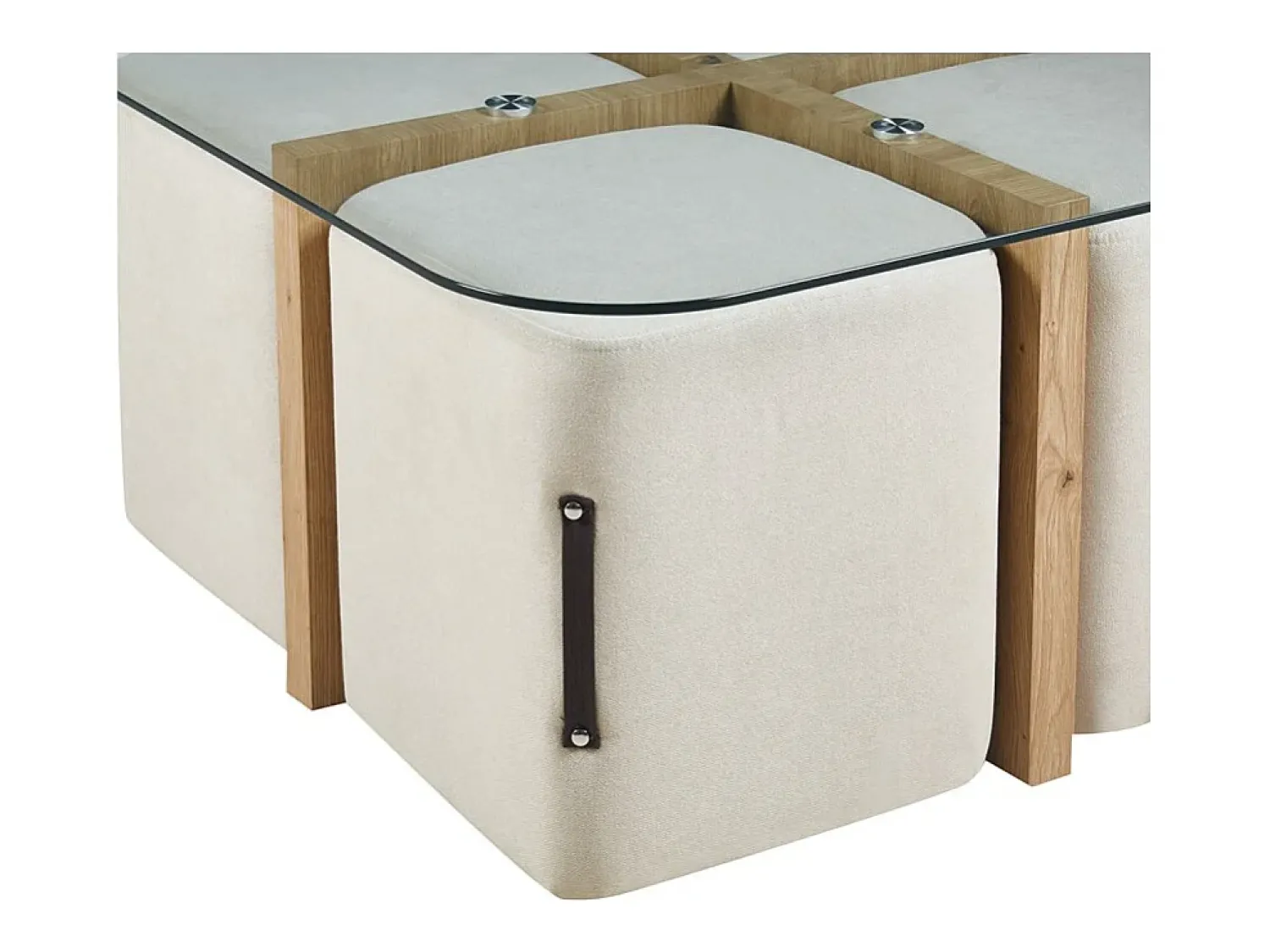 Mesa De Centro|Meublorama Mesa de centro QUADORA – Quadrada 90x90 cm – Vidro & carvalho envelhecido – Com 4 pufes brancos – Design prático e elegante Castanho
