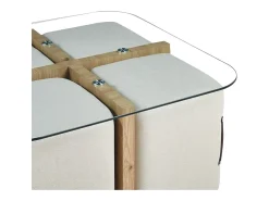 Mesa De Centro|Meublorama Mesa de centro QUADORA – Quadrada 90x90 cm – Vidro & carvalho envelhecido – Com 4 pufes brancos – Design prático e elegante Castanho